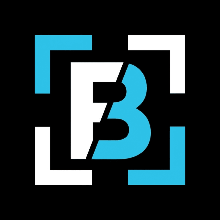 Blu AI agents logo mark: cyan-and-white BF monogram framed by corner brackets