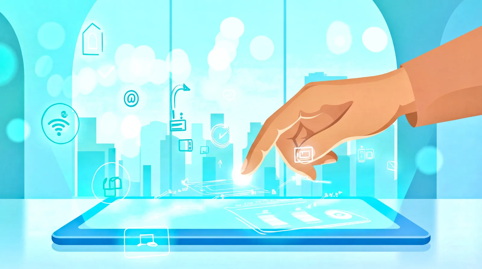 Hand interacting with a glowing tablet UI while AI icons hover above, symbolizing automated digital funnels.