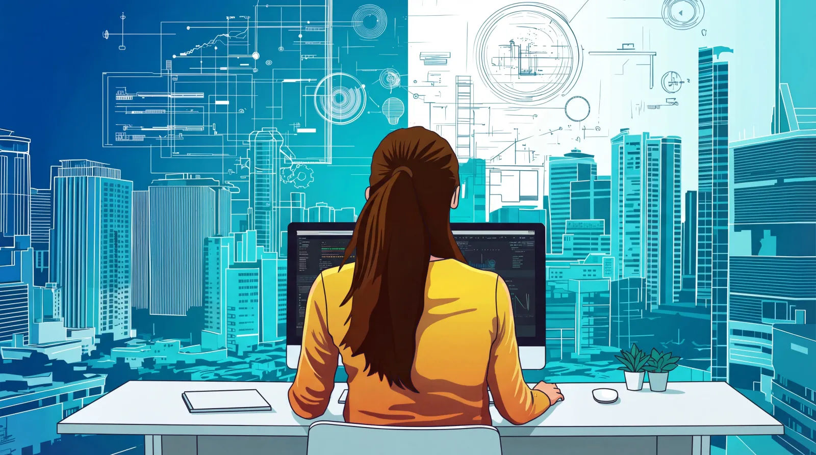 Blu Frame designer at a desk orchestrating AI-driven workflows across a city skyline.