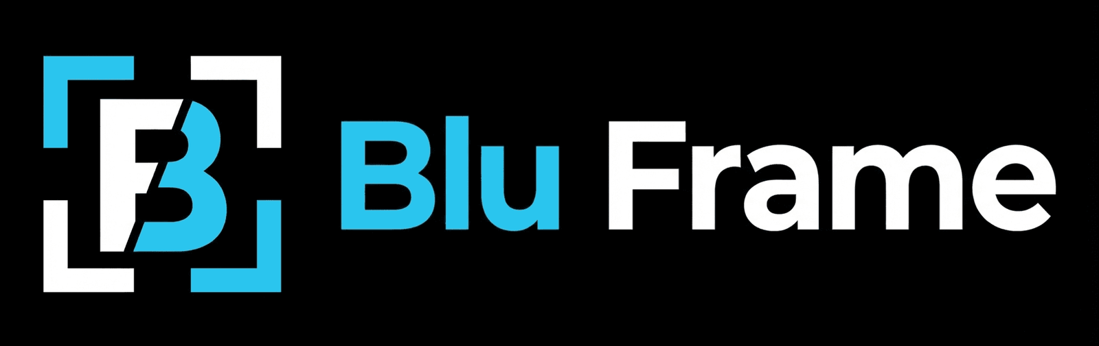 Blu Frame inverted logo lockup with a BF monogram and “Blu Frame” wordmark in cyan and white on a black background.