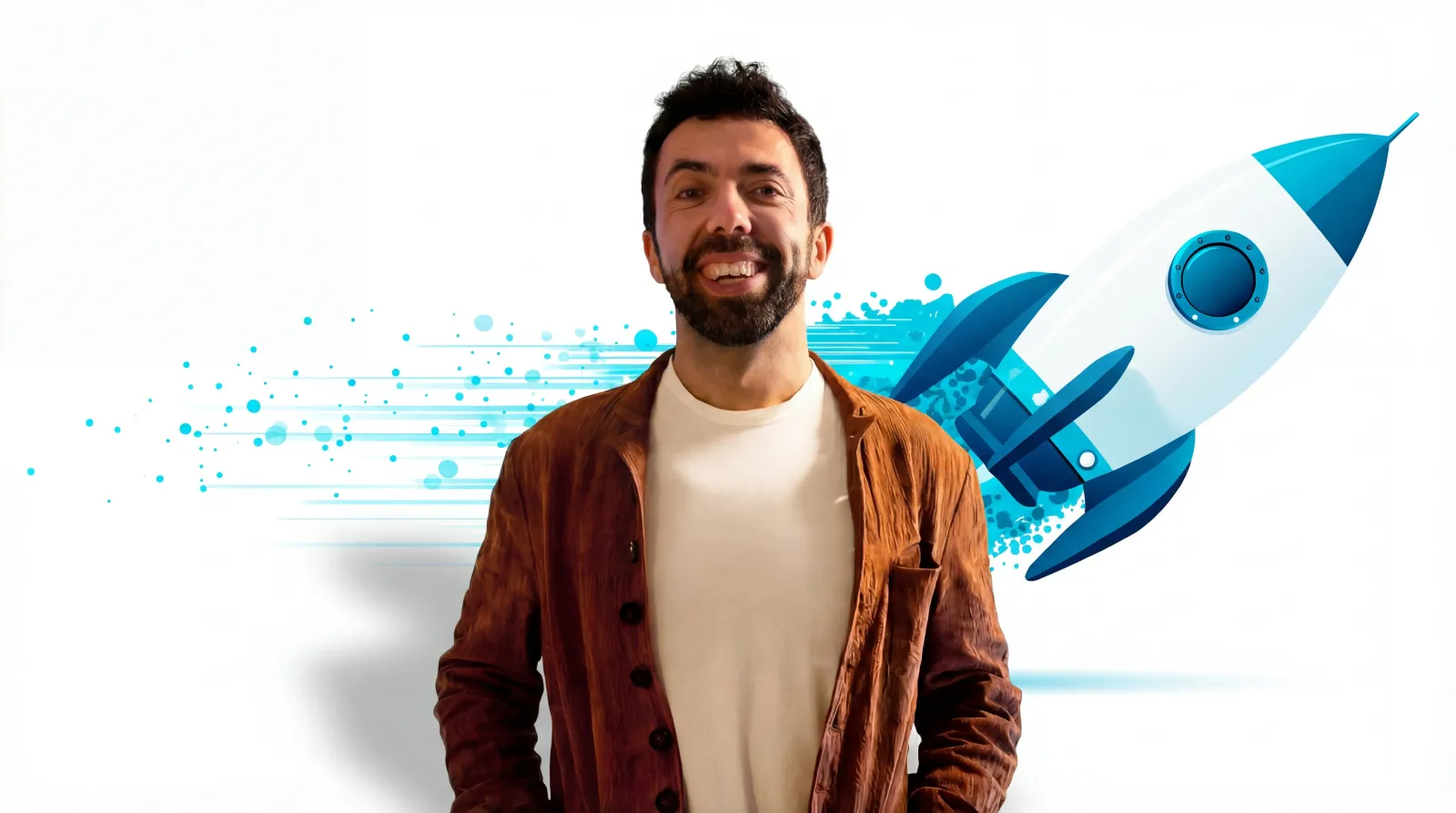Edoardo L'Astorina, CEO / Founder of Blu Frame, smiling against a Blu Frame rocket backdrop in a rust jacket.